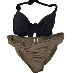 tommy bahama two pieces black top olive khaki bottom bikini M 34C